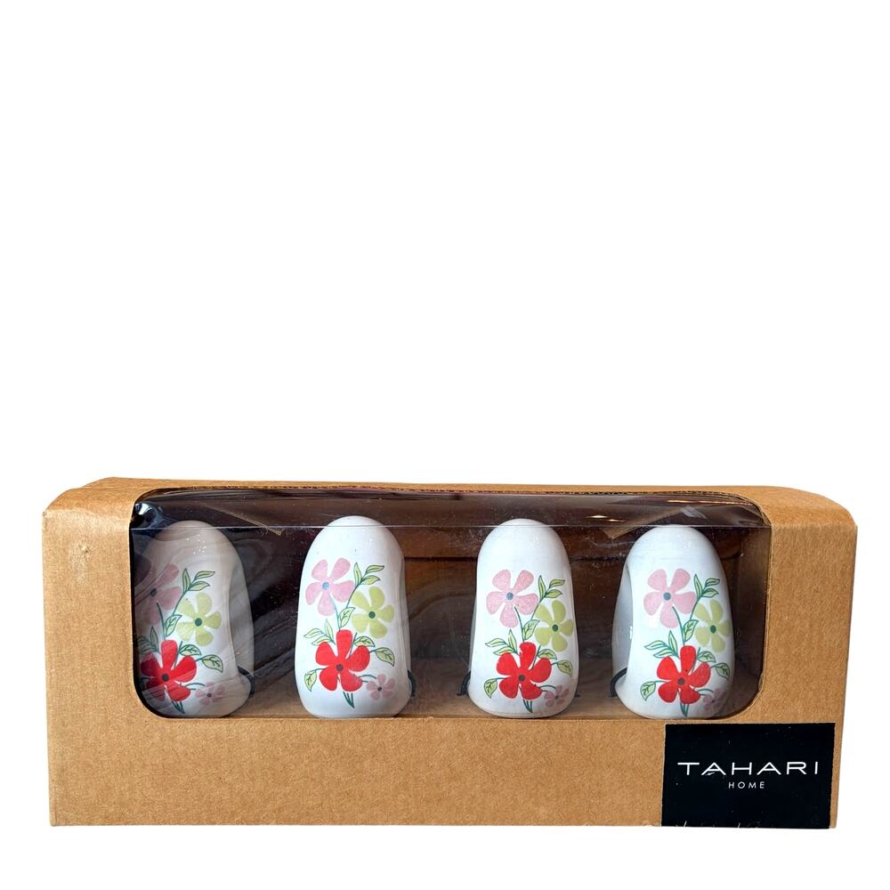 Tahari Home Ceramic Floral Easter Egg Napkin Rings 3in Set of 4 Spring Decor New